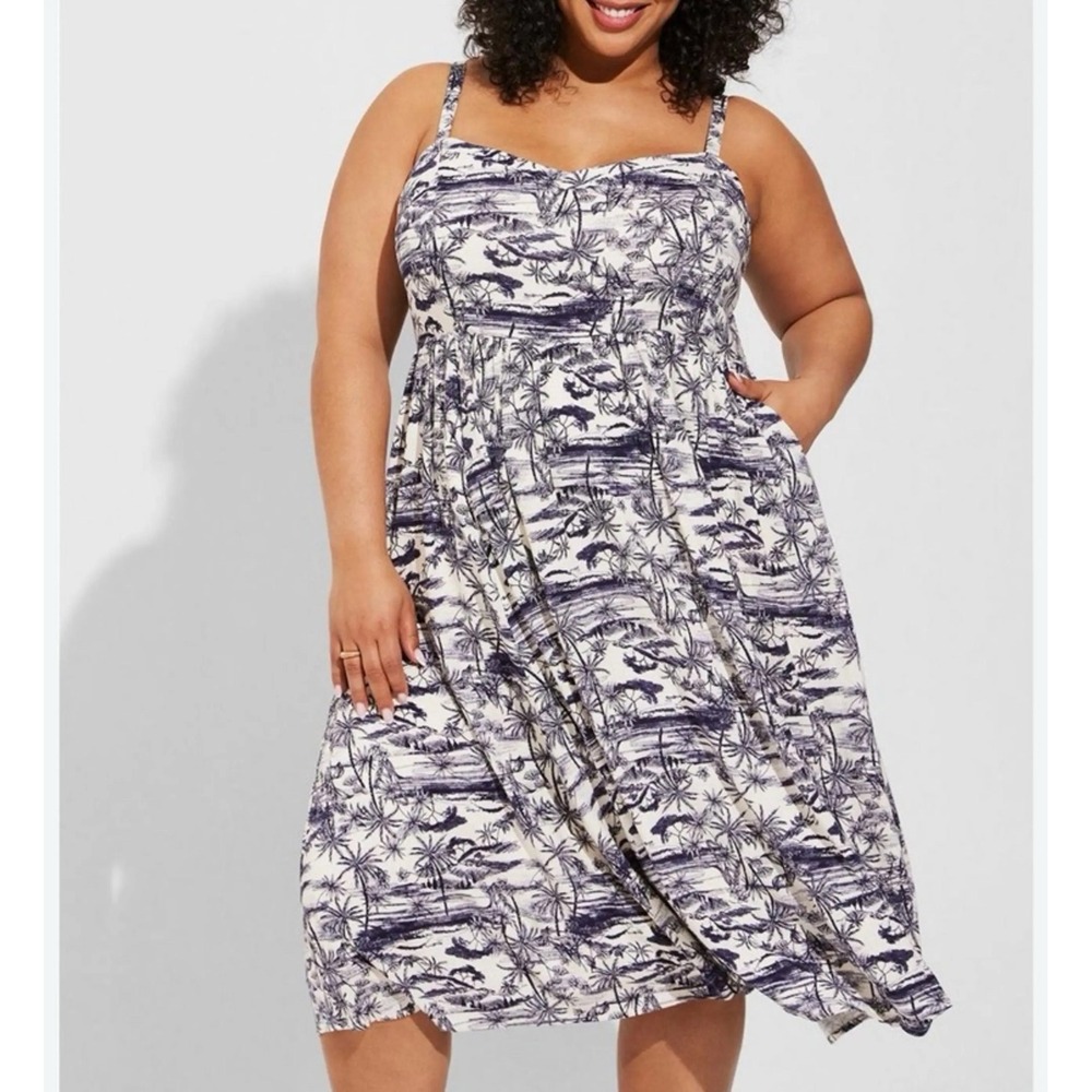 Torrid Womens Plus Size 1 Blue White Tropical Toile Smocked Midi Dress Summer